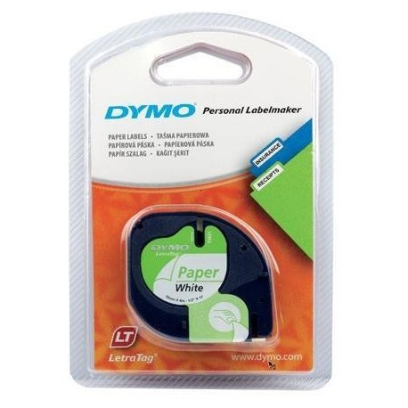 CINTA DYMO LETRATAG 12MM PAPEL NEGRO/BLANCO 91200