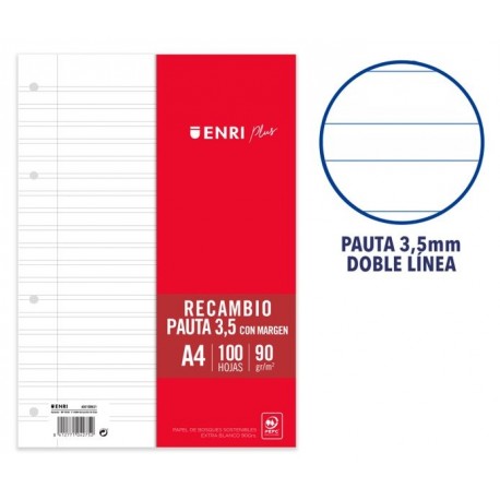 RECAMBIO A4 100 HOJAS 90 GRS PAUTA 3,5 MM